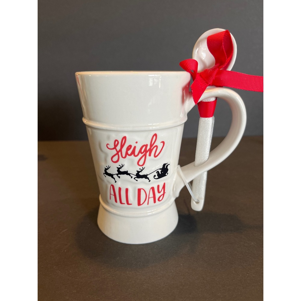 New Holiday Time Sleigh All Day Mug w/Spoon White Red Christmas Earthenware 11.8